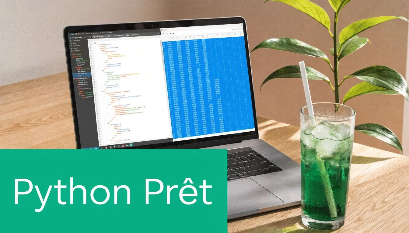 Un ordinateur portable affichant du code informatique et un tableau Excel à côté d'un verre de boisson