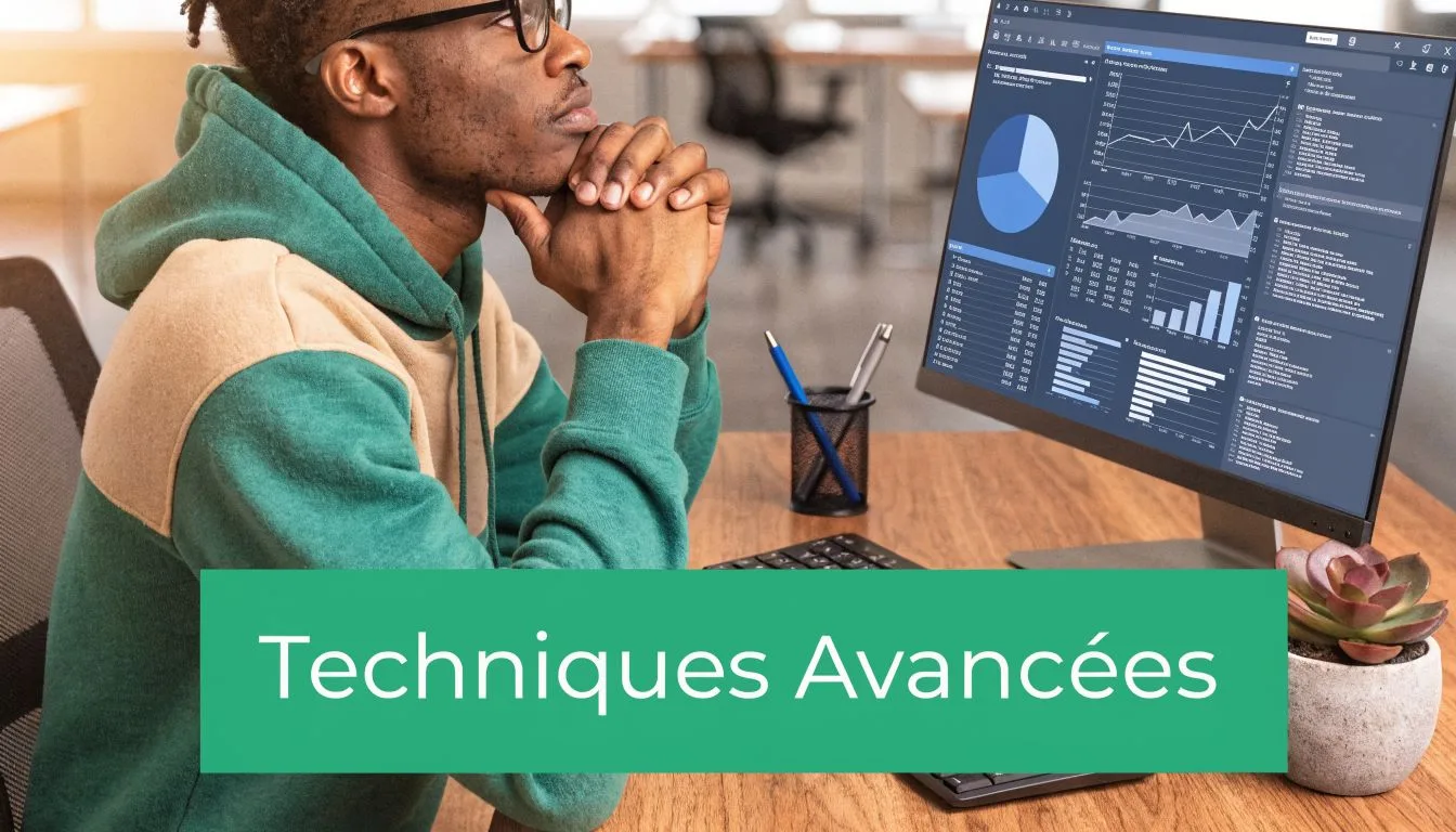 Un jeune homme en sweat-shirt réfléchit devant un écran d'ordinateur affichant des données analytiques et des graphiques.