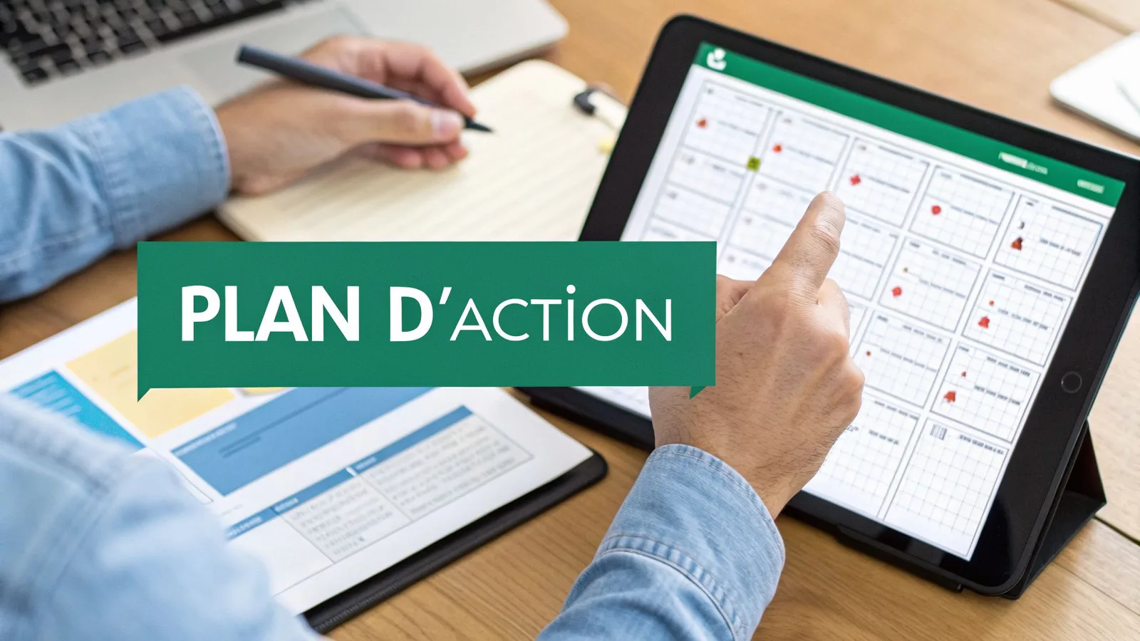 Une personne élabore un plan d'action, utilisant une tablette et un carnet pour organiser ses tâches.