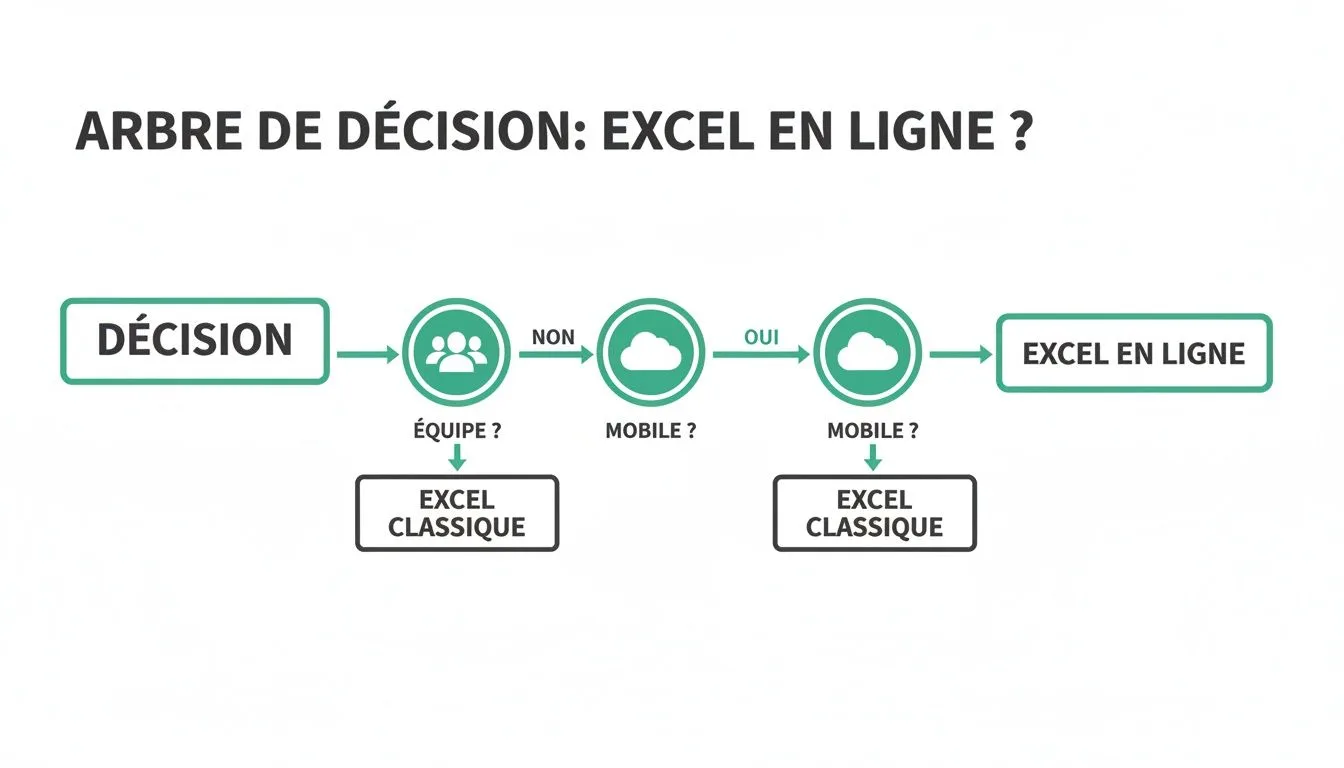 Diagramme d'arbre de décision expliquant quand utiliser Excel en ligne ou classique, basé sur le travail d'équipe et la mobilité.