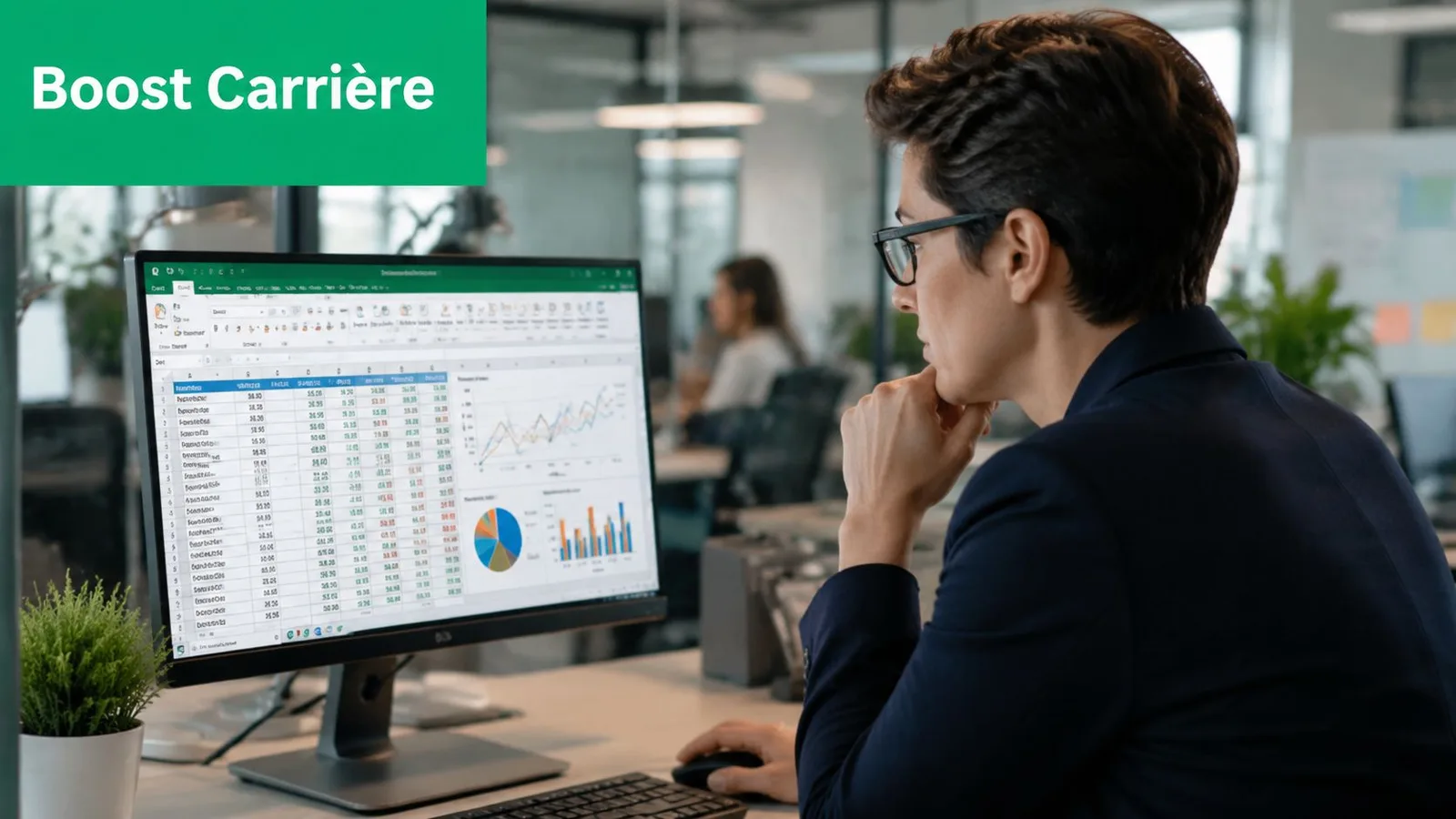 Une professionnelle travaillant sur un tableur Excel avec des graphiques financiers sur son écran d'ordinateur au bureau.