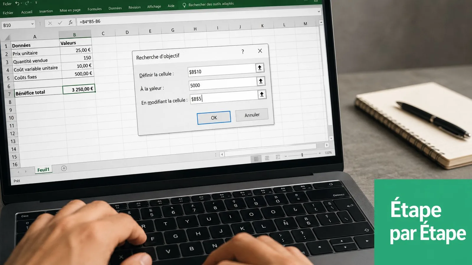 Une capture d'écran montrant l'utilisation de la fonction Valeur cible dans le logiciel Microsoft Excel.