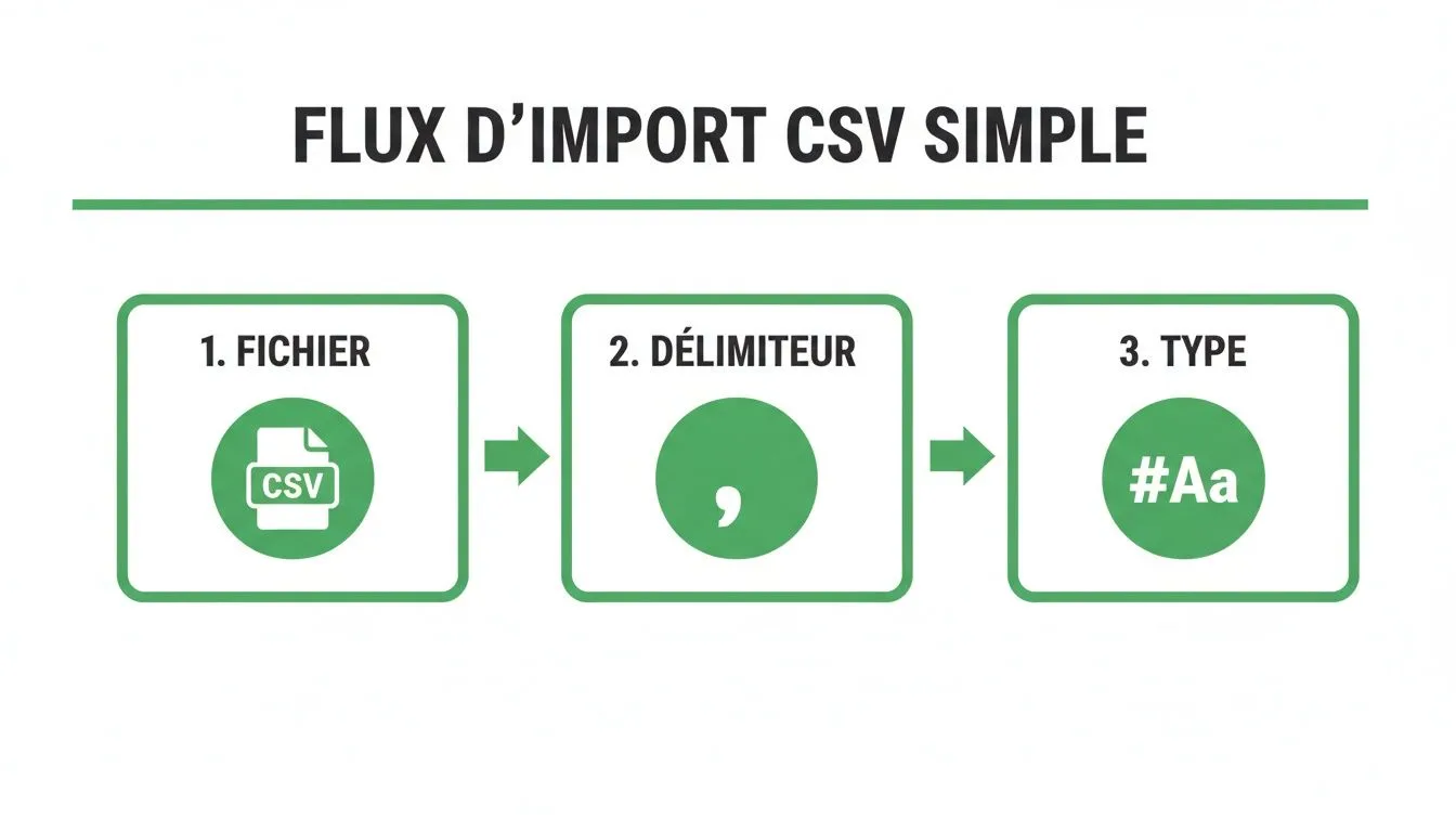 Un diagramme simple en trois étapes illustrant le flux d'importation de fichiers CSV : fichier, délimiteur (virgule) et type de données.