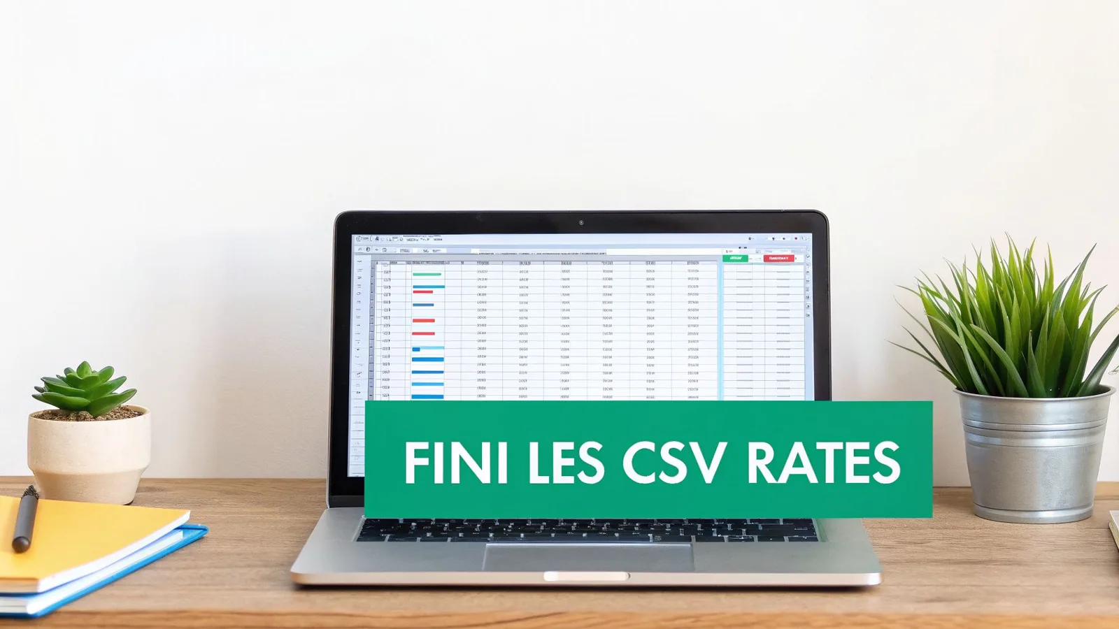 Un ordinateur portable sur un bureau en bois affichant une feuille de calcul avec le texte "FINI LES CSV RATES", entouré de plantes et de papeterie.