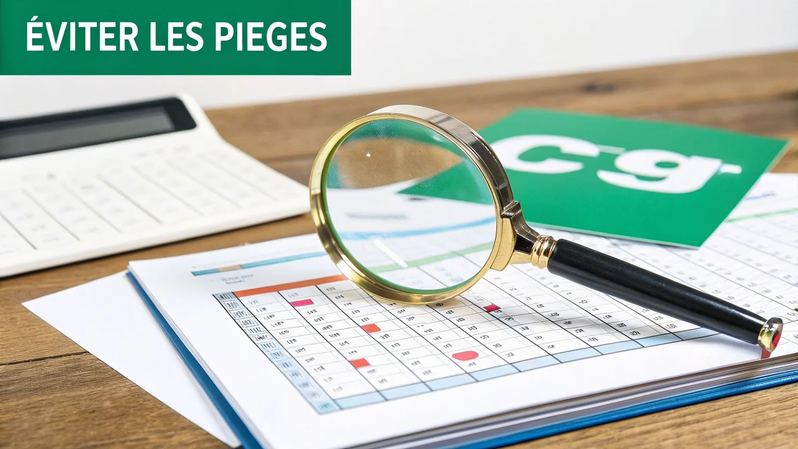 Loupe posée sur un tableau de chiffres, avec une calculatrice et un document vert. Le titre 'ÉVITER LES PIÈGES' est visible.
