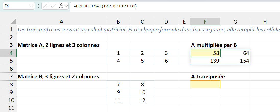 La feuille Matrices, la formule tapée dans la seule case jaune F4 et le résultat 58, 64, 139 et 154 étalé sur les quatre cellules voisines, les matrices A et B visibles à gauche