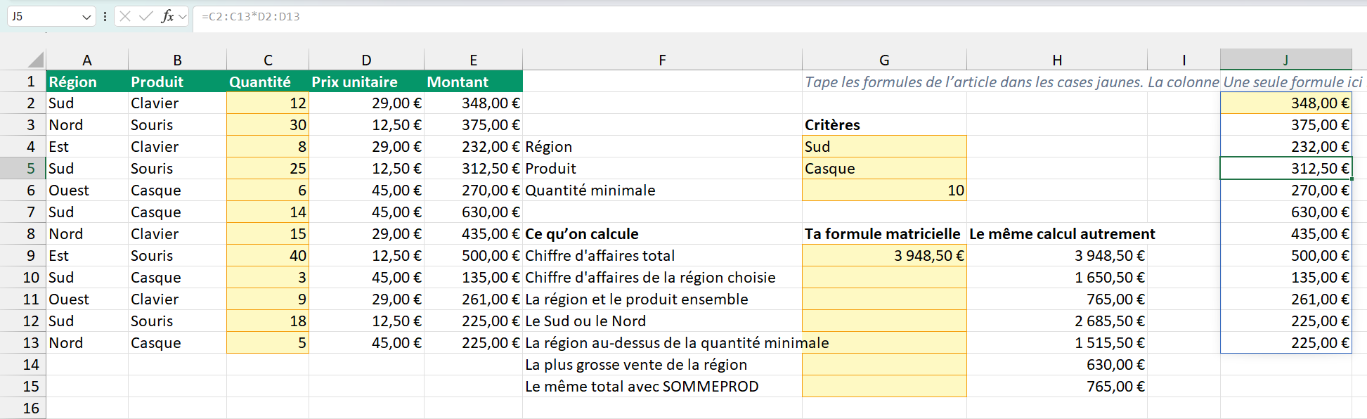 La colonne J remplie de douze montants entourés d’une fine bordure bleue, la cellule J5 sélectionnée et sa formule affichée en grisé dans la barre de formule