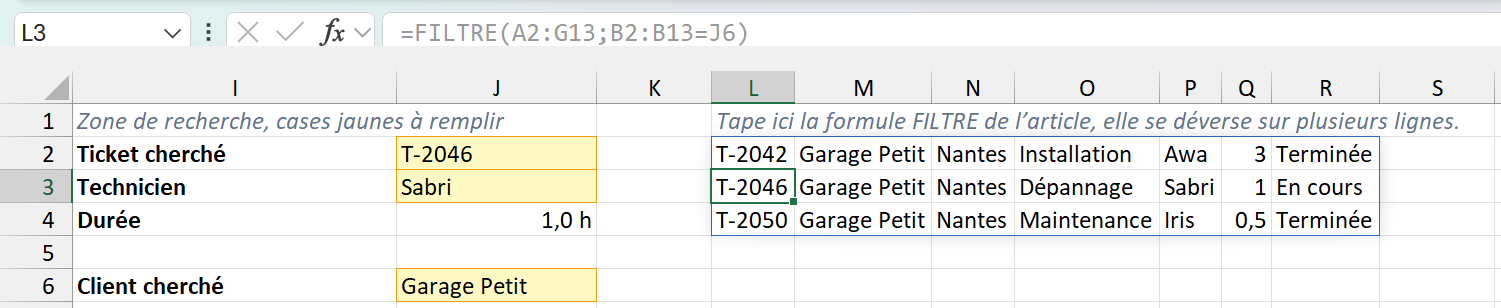 La zone d’arrivée de FILTRE, les trois lignes du Garage Petit étalées de L2 à R4 dans un cadre bleu, la cellule L3 sélectionnée et sa formule affichée en grisé dans la barre de formule