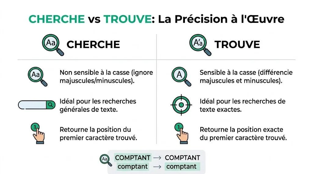 Comparaison entre les fonctions Excel Cherche et Trouve illustrant leurs différences sur la sensibilité à la casse.
