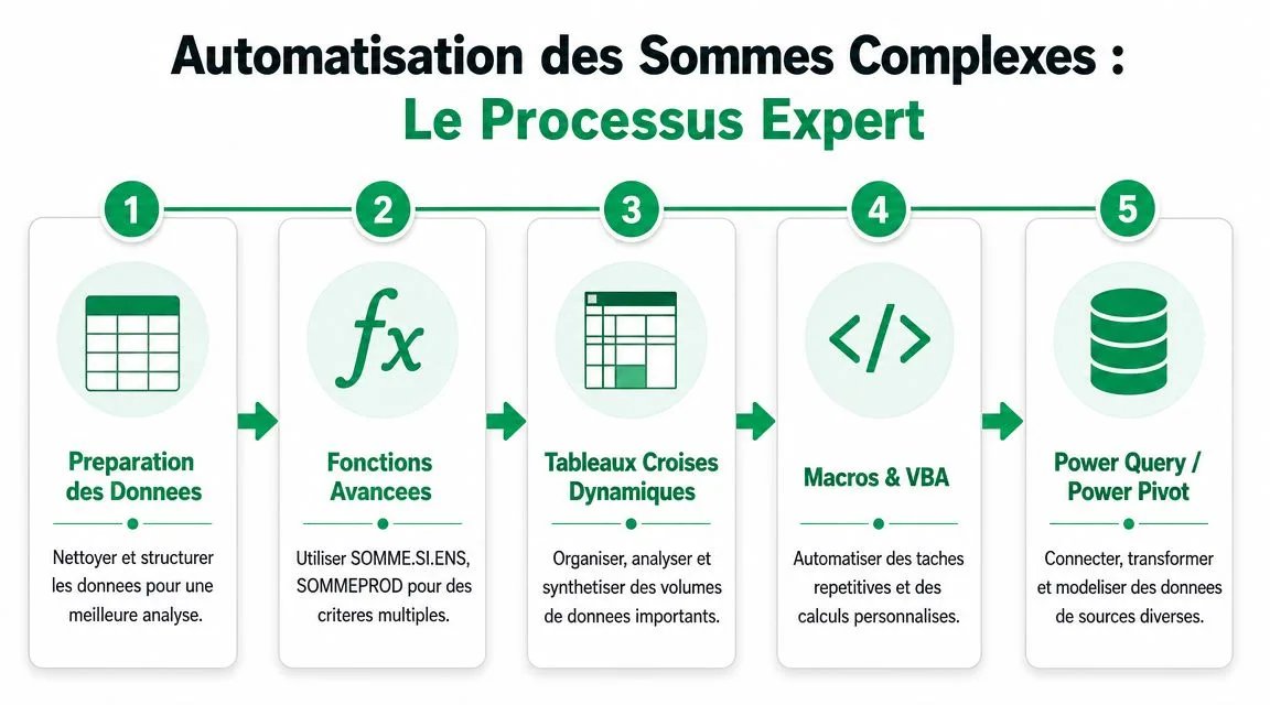 Infographie illustrant les cinq étapes expertes pour automatiser des calculs complexes et analyser des données dans Excel.