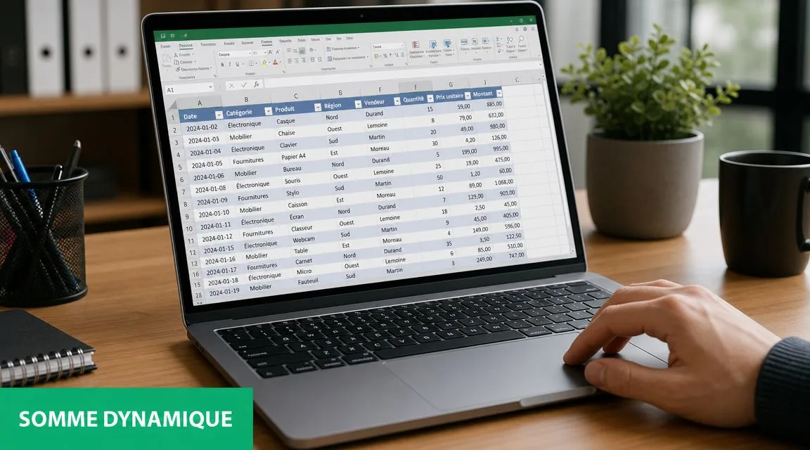 Un ordinateur portable affichant un tableau de données Excel avec des calculs financiers sur un bureau.