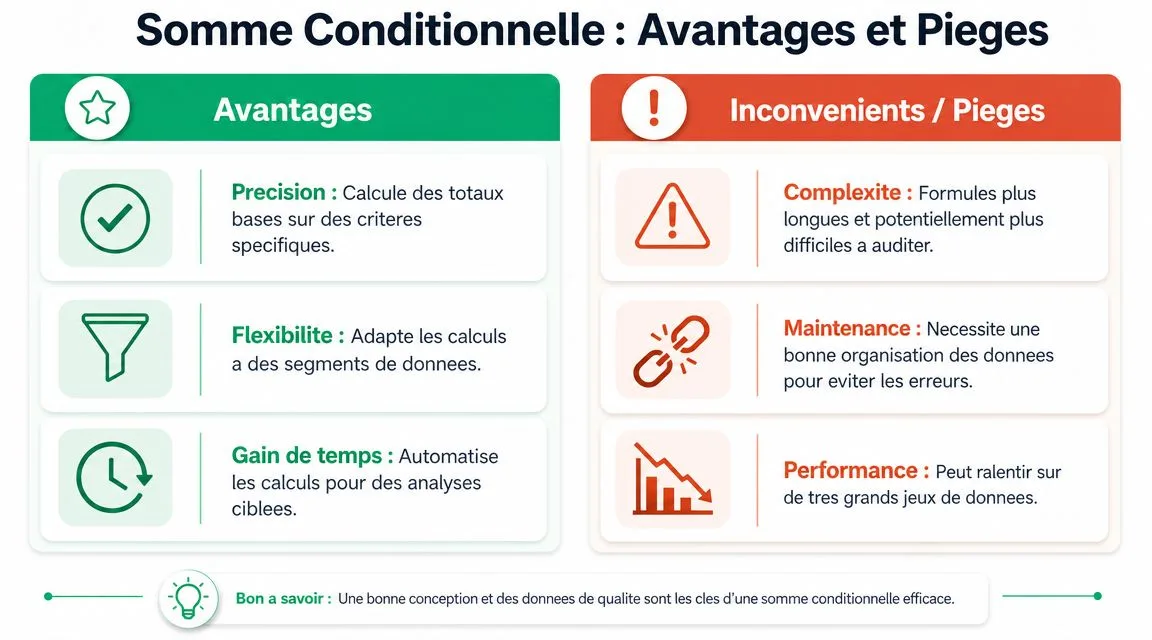 Tableau comparatif illustrant les avantages et les inconvénients de l'utilisation de la somme conditionnelle sur Excel.