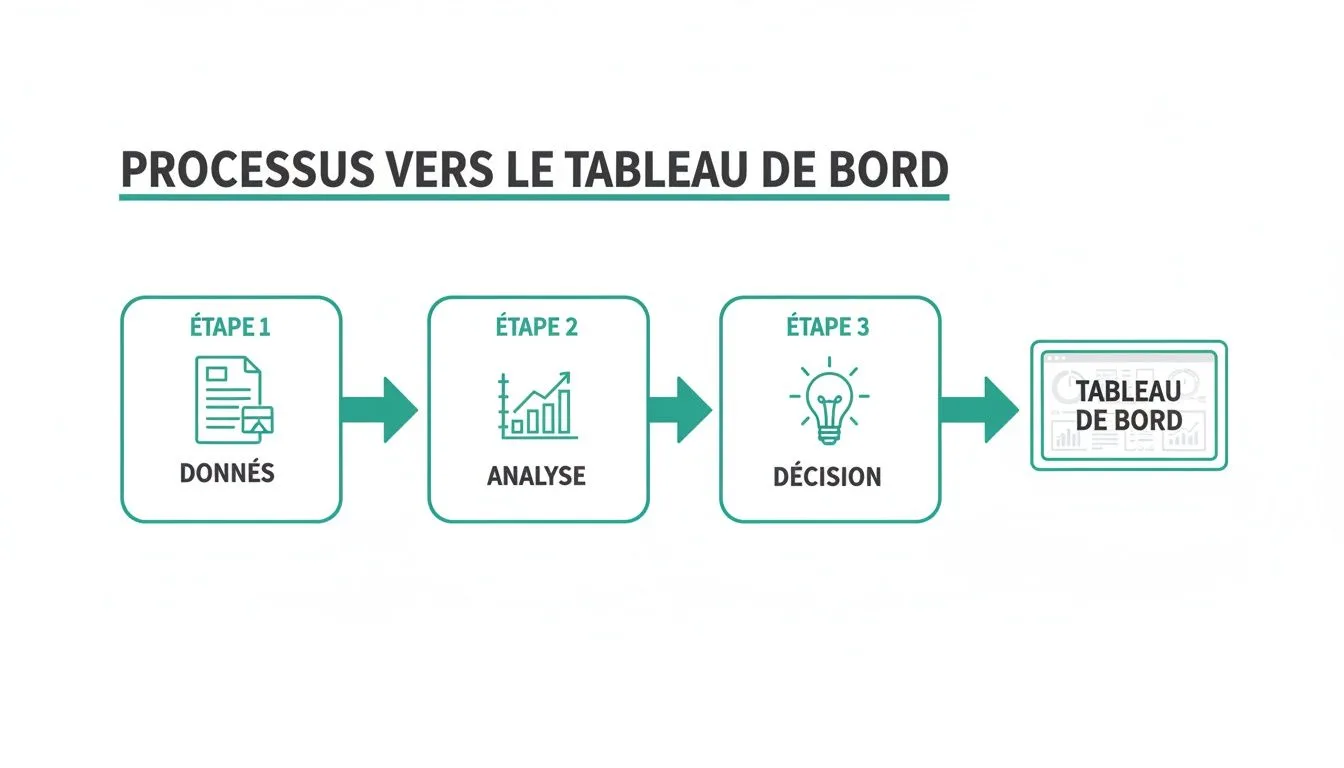 Infographie décrivant les étapes clés (Données, Analyse, Décision) menant à la création d'un tableau de bord efficace.