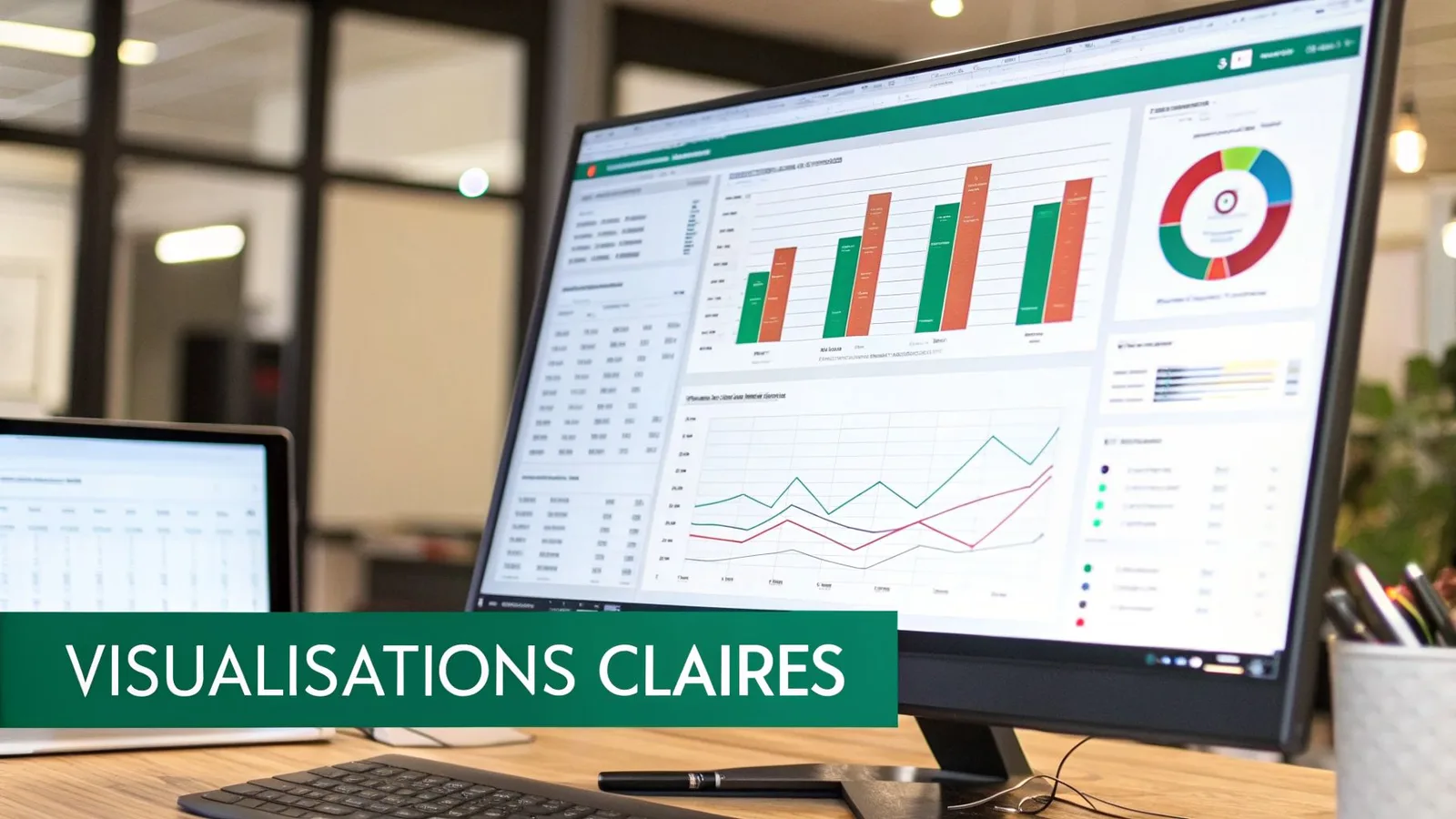 Écran d'ordinateur affichant des visualisations de données claires et un tableau de bord analytique en milieu de bureau.