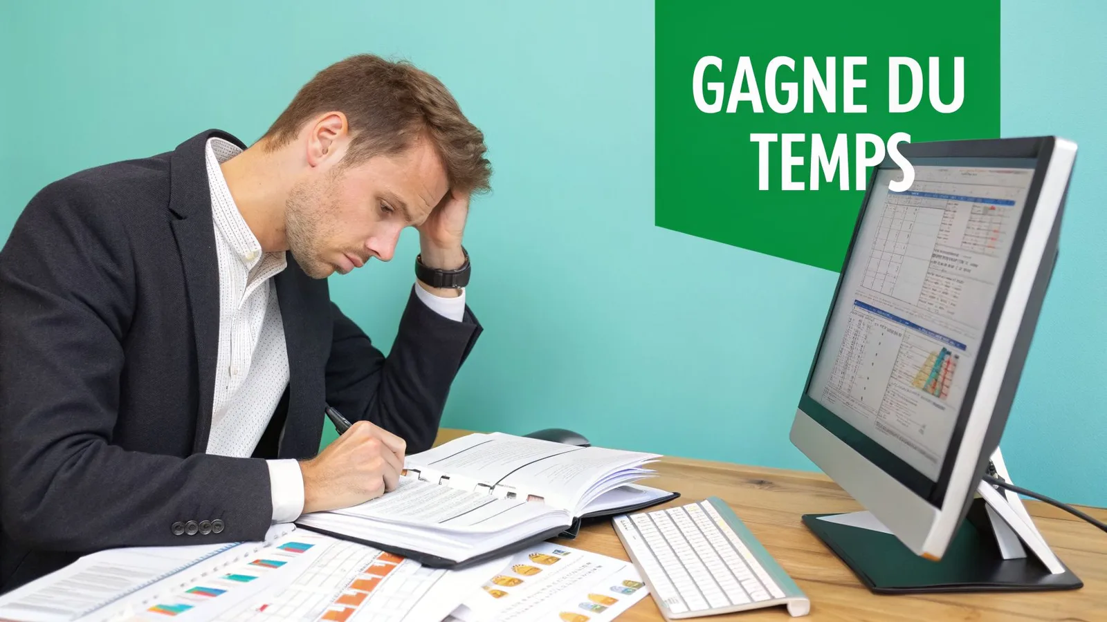 Homme d'affaires stressé travaillant avec des documents et un écran d'ordinateur affichant des données, avec le texte "GAGNE DU TEMPS".