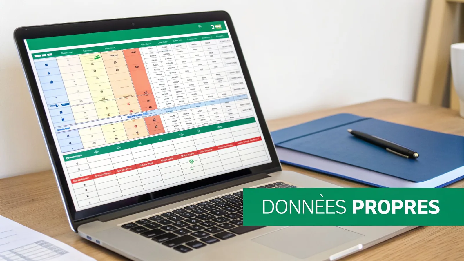 Ordinateur portable affichant un tableau de bord Excel détaillé sur un bureau en bois avec carnet et stylo.
