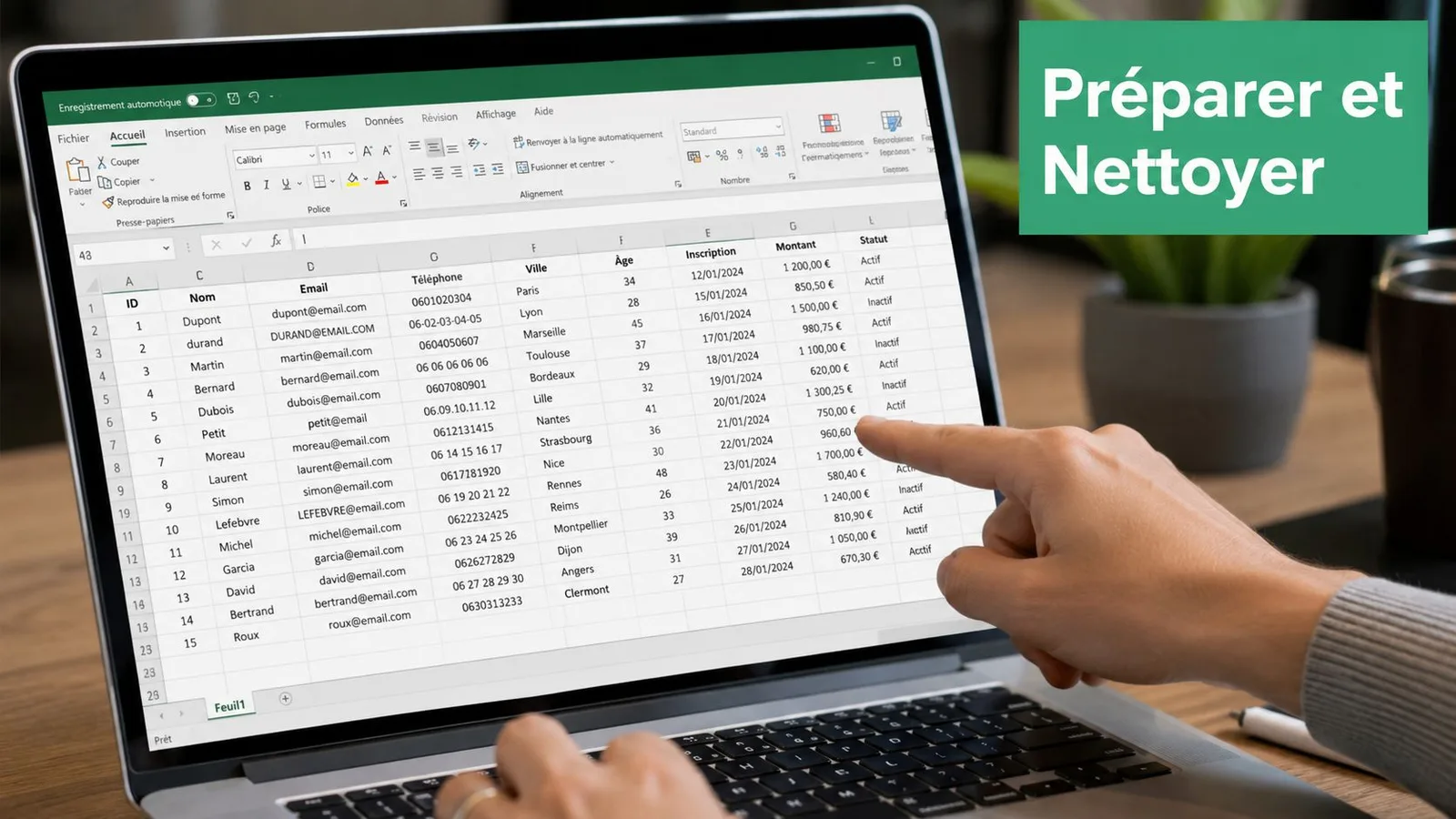 Une personne travaille sur un fichier Excel affichant une liste de données professionnelles sur un ordinateur portable.