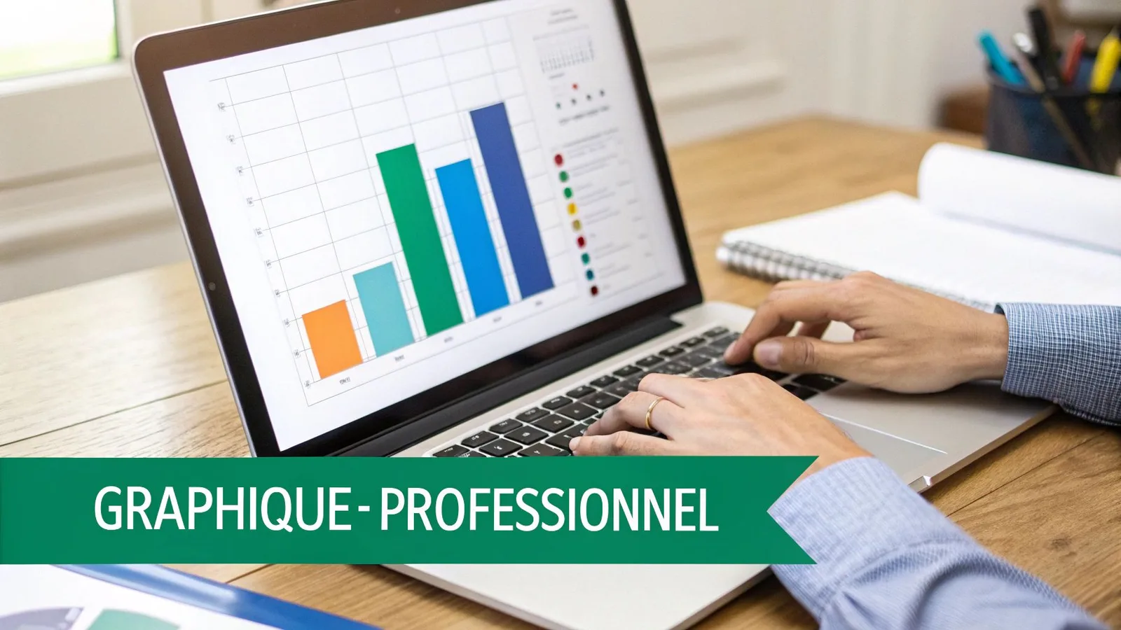 Une personne travaille sur un ordinateur portable affichant un graphique à barres, illustrant l'analyse de données professionnelles.