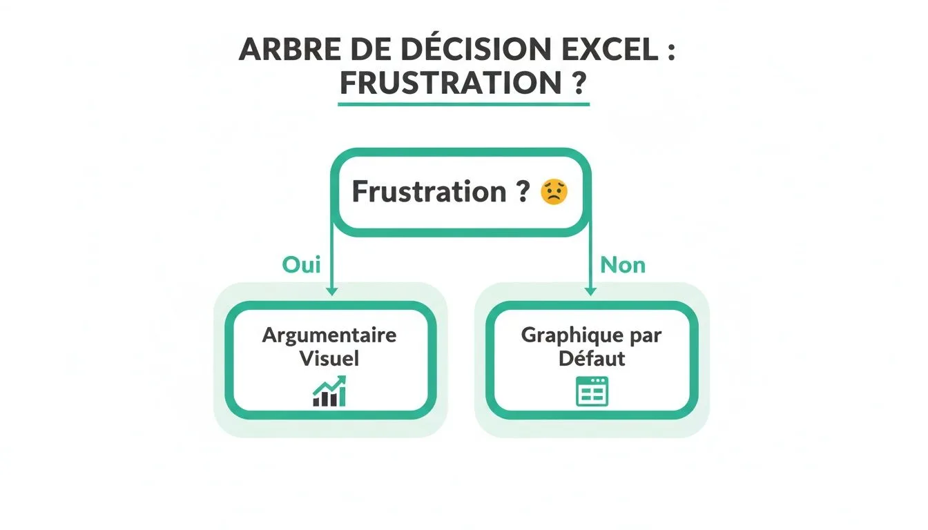Arbre de décision Excel simple sur la gestion de la frustration, proposant des solutions visuelles ou des graphiques par défaut.