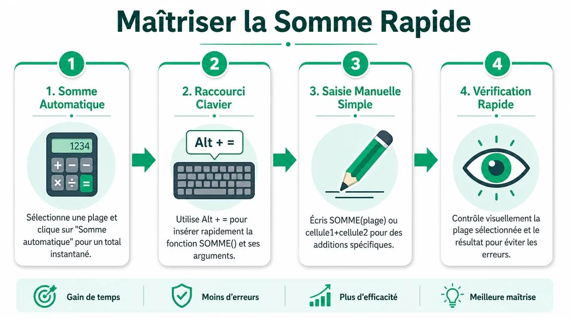 Infographie pédagogique illustrant quatre méthodes simples pour effectuer rapidement des calculs de somme dans un tableur.