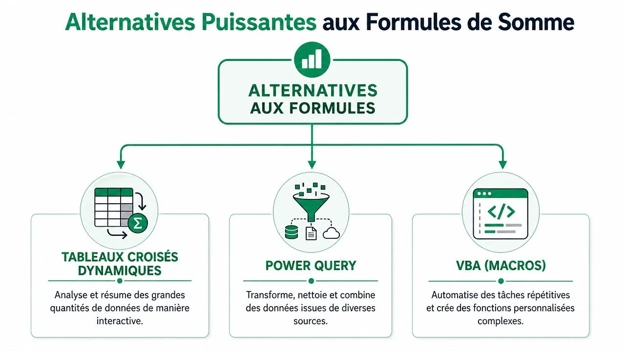 Infographie illustrant des alternatives puissantes aux formules de calcul Excel comme les tableaux croisés dynamiques, Power Query et VBA.