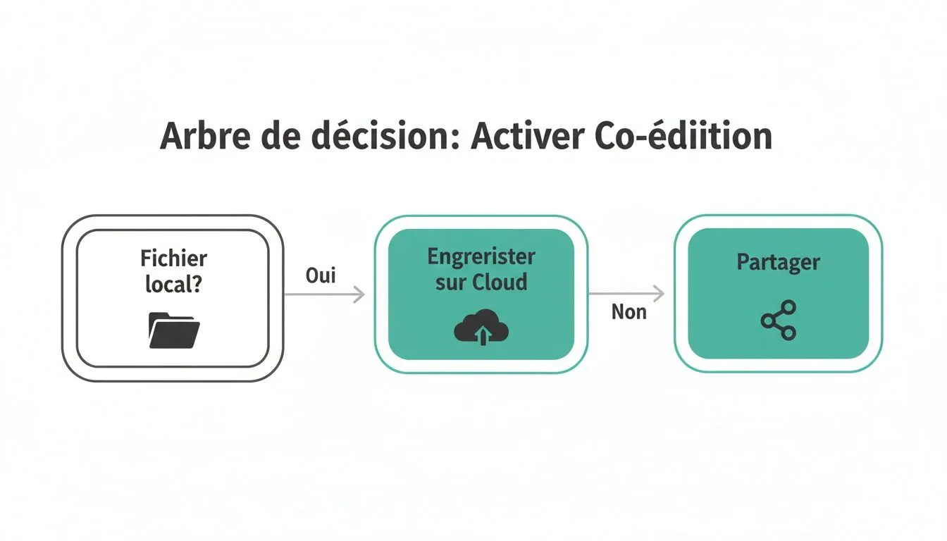 Diagramme de décision pour la co-édition: si fichier local, l'enregistrer sur le cloud avant de le partager.