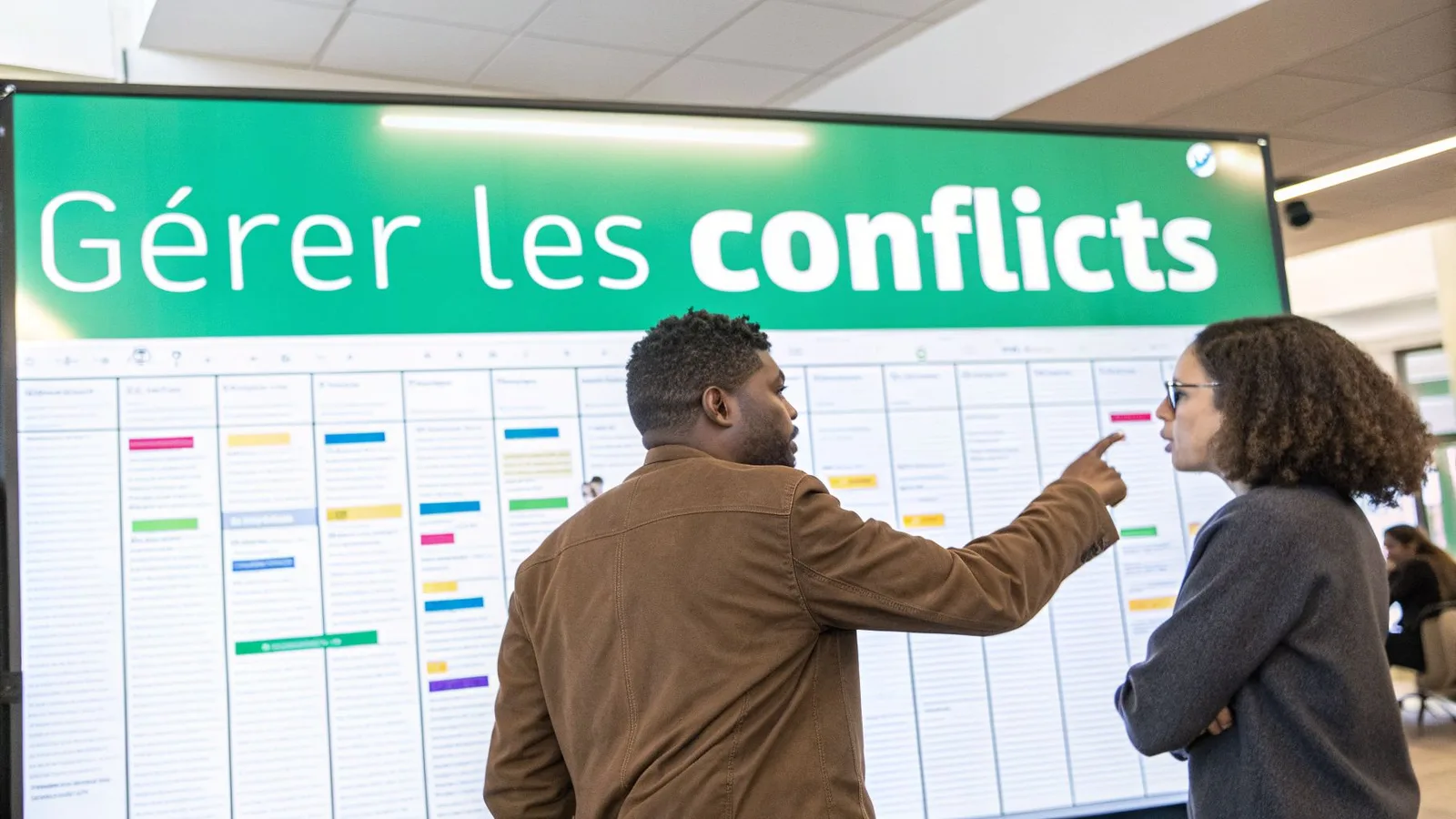 Deux personnes devant un grand écran interactif affichant "Gérer les conflits" et des informations organisées en colonnes.