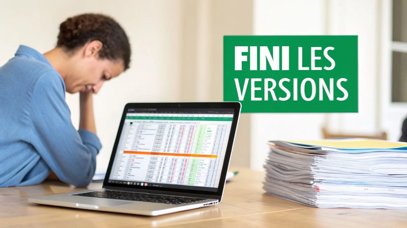 Une personne épuisée devant un ordinateur portable affichant un tableur Excel, avec une pile de documents et une pancarte « Fini les versions ».
