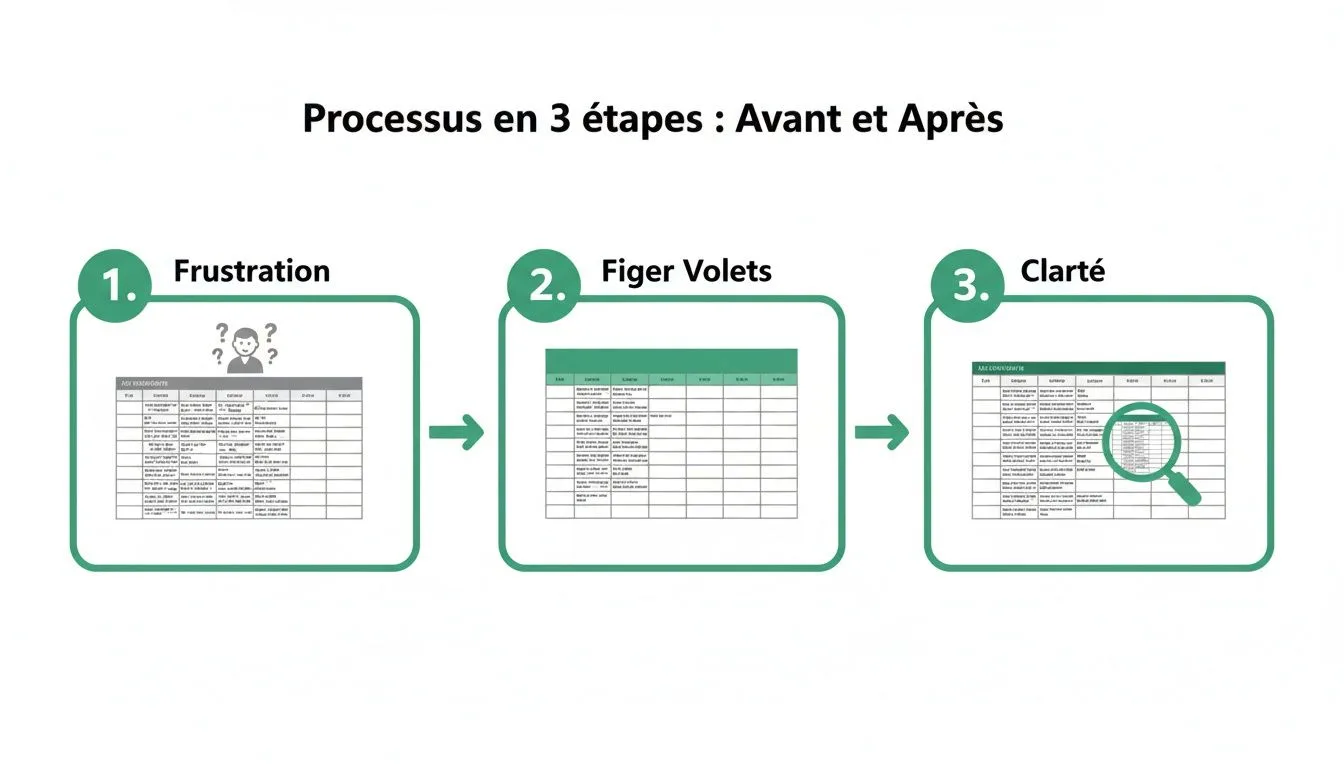 Diagramme illustrant un processus en 3 étapes : de la frustration à la clarté grâce à la fonction Figer Volets d'Excel.