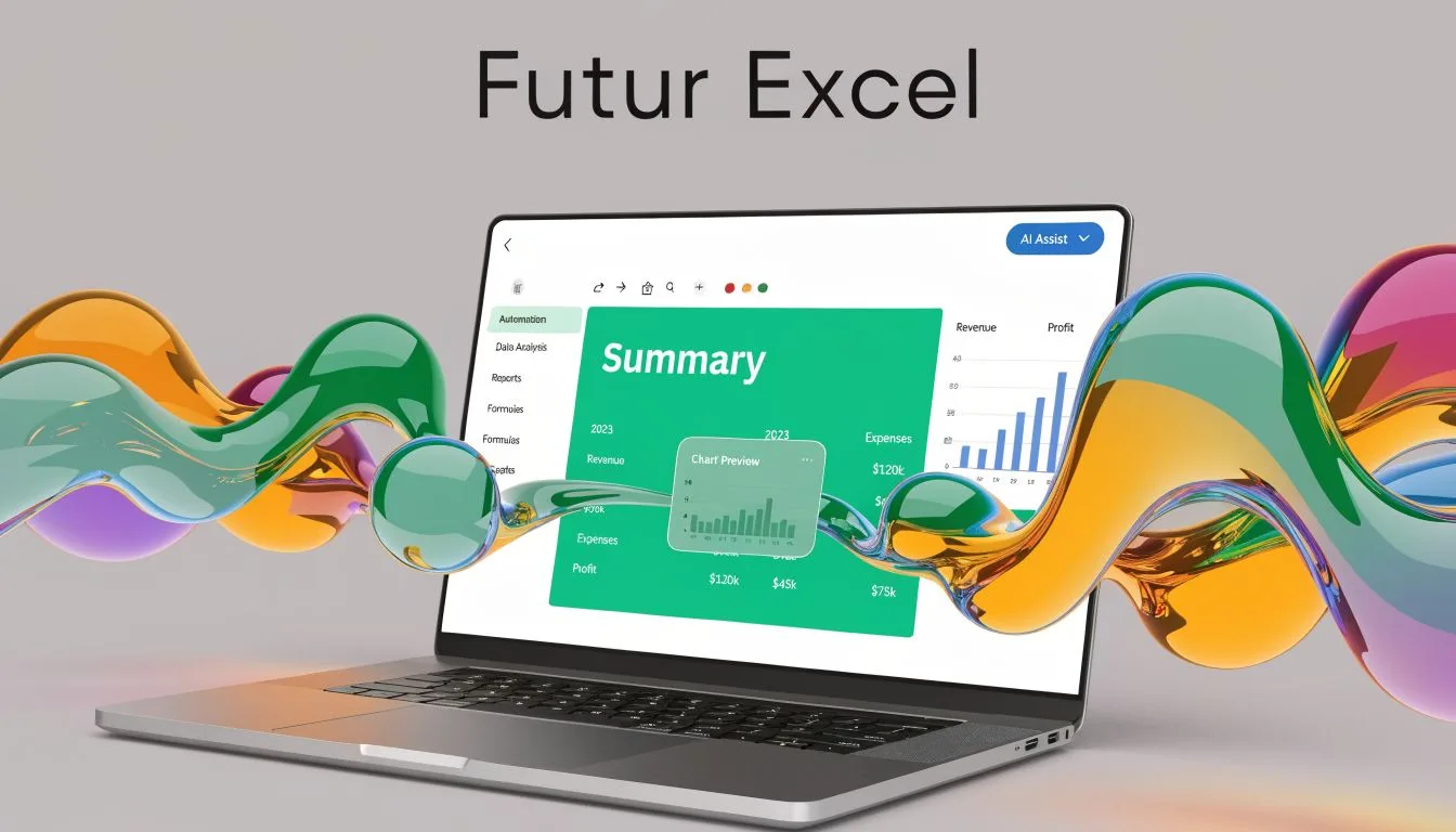 Un ordinateur portable affichant une interface logicielle moderne de tableau de bord financier avec des formes 3D abstraites.