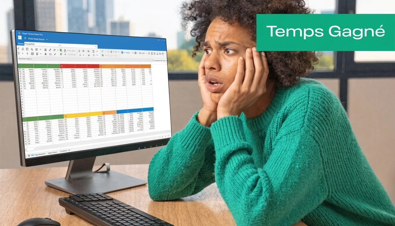 Une jeune femme stressée devant son ordinateur affichant un tableau Excel complexe au bureau.