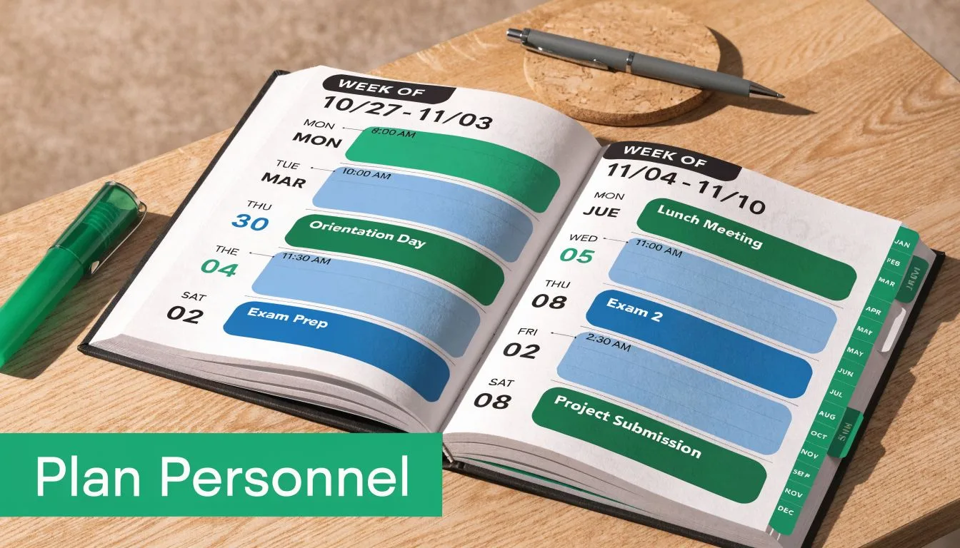 Un agenda ouvert posé sur une table en bois avec un stylo et un marqueur vert.