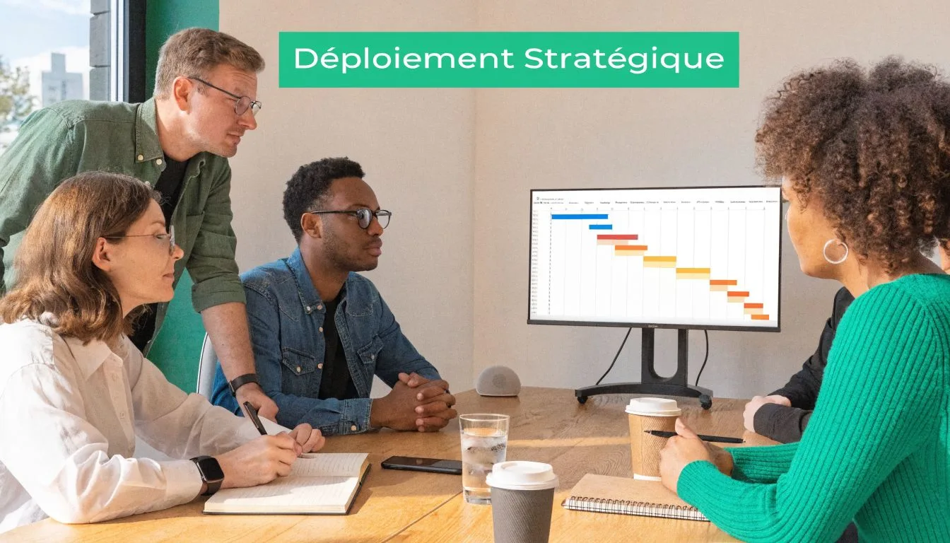 Une équipe professionnelle analyse un planning stratégique affiché sur un écran lors d'une réunion de travail.