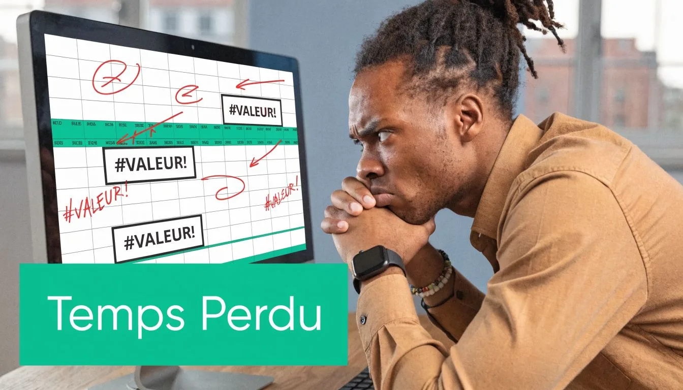Un homme frustré regardant un écran d'ordinateur affichant des erreurs Excel liées à une formation informatique.