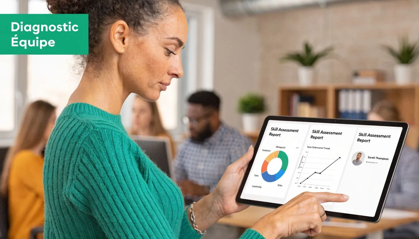 Une femme consulte un rapport d'évaluation des compétences sur sa tablette numérique dans un bureau.