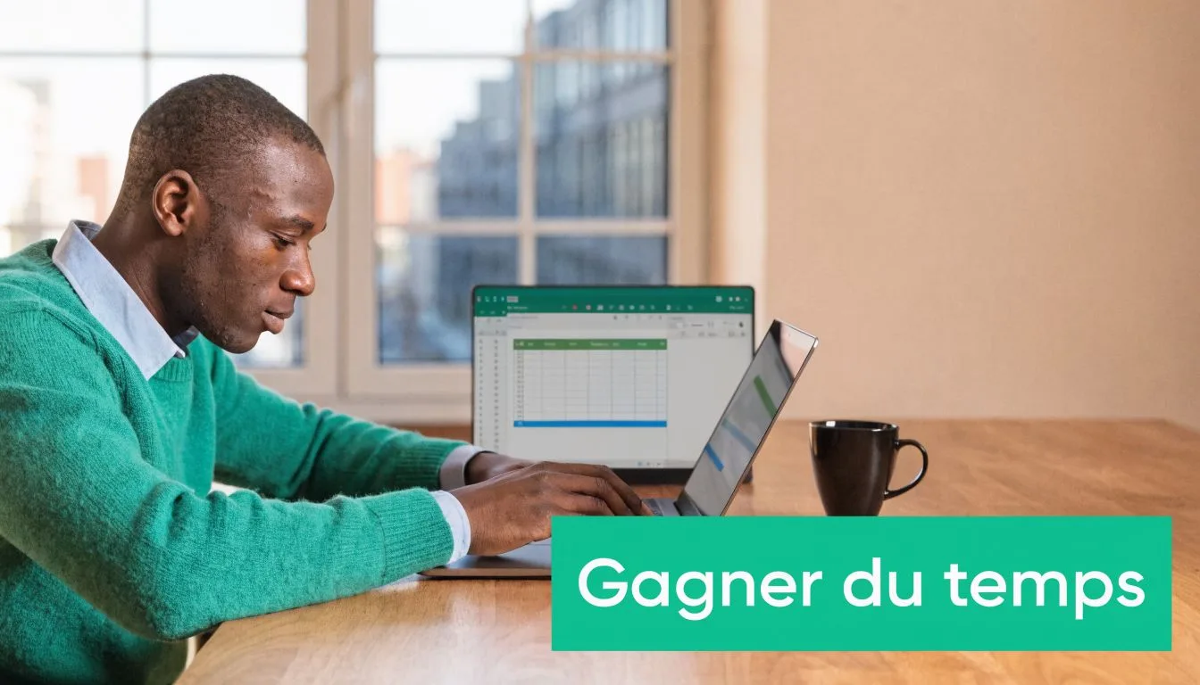 Un jeune homme concentré travaillant sur une feuille de calcul Excel sur son ordinateur portable au bureau.