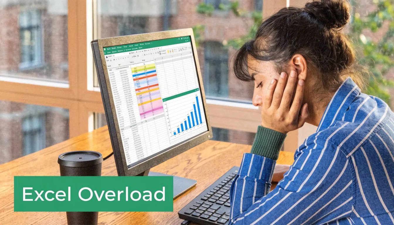 Une femme fatiguée travaillant sur un tableau Excel complexe sur son ordinateur au bureau.