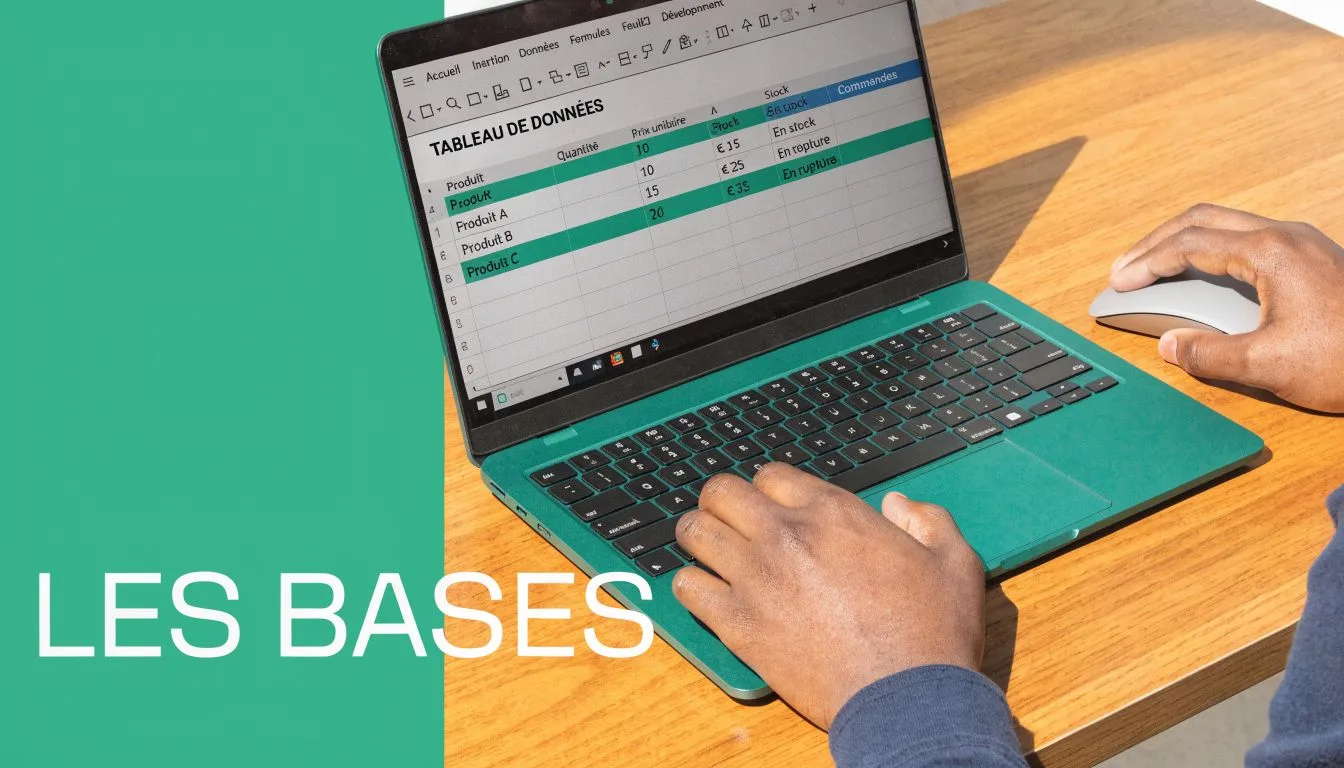 Une personne utilisant un ordinateur portable vert sur un bureau en bois pour travailler sur Excel.