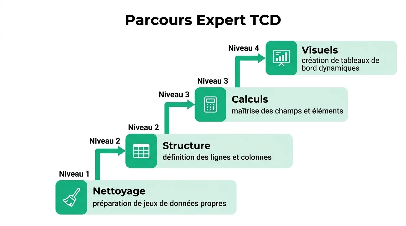 Infographie illustrant les quatre niveaux du parcours de formation pour devenir expert en tableaux croisés dynamiques Excel.