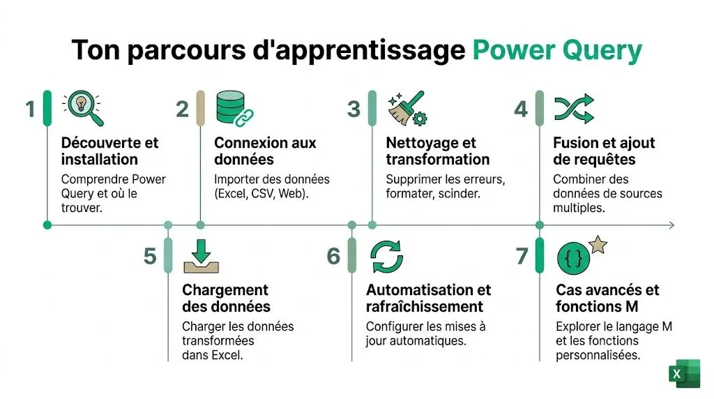 Une infographie détaillée illustrant les sept étapes clés du parcours d'apprentissage de l'outil Power Query dans Excel.