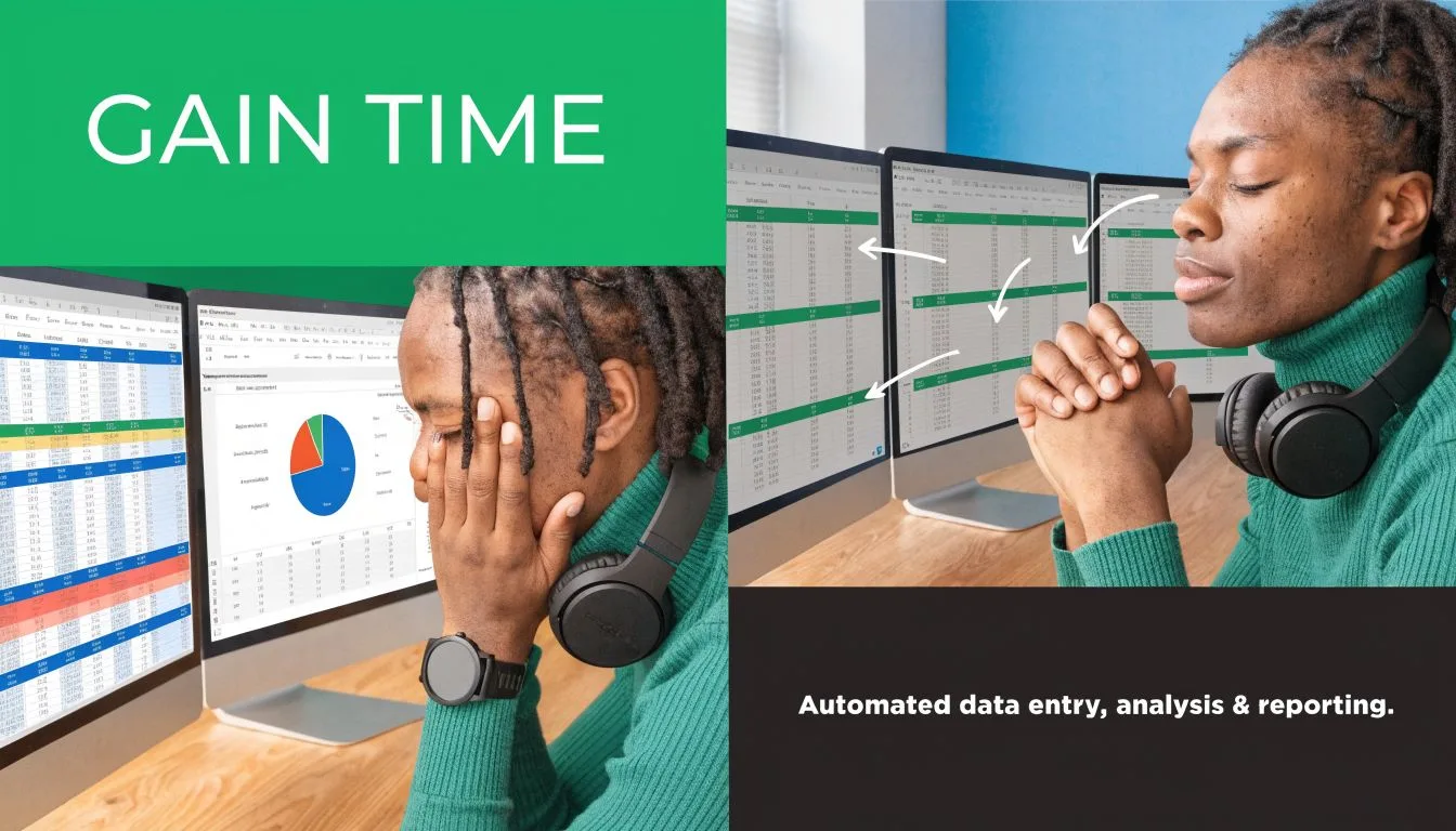 Une personne utilisant des feuilles de calcul Excel stressée puis sereine grâce à l'automatisation des données.