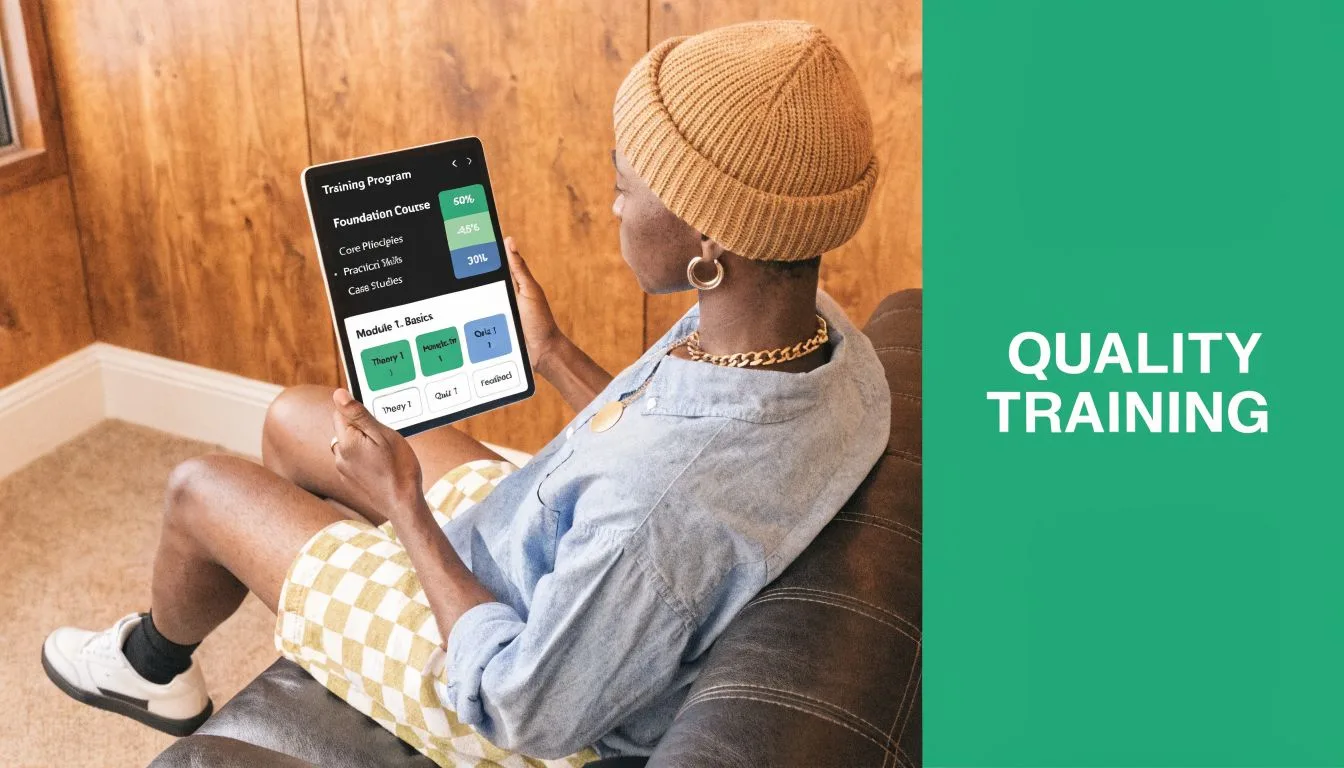 Une personne assise sur un canapé, utilisant une tablette numérique pour suivre une formation professionnelle en ligne.