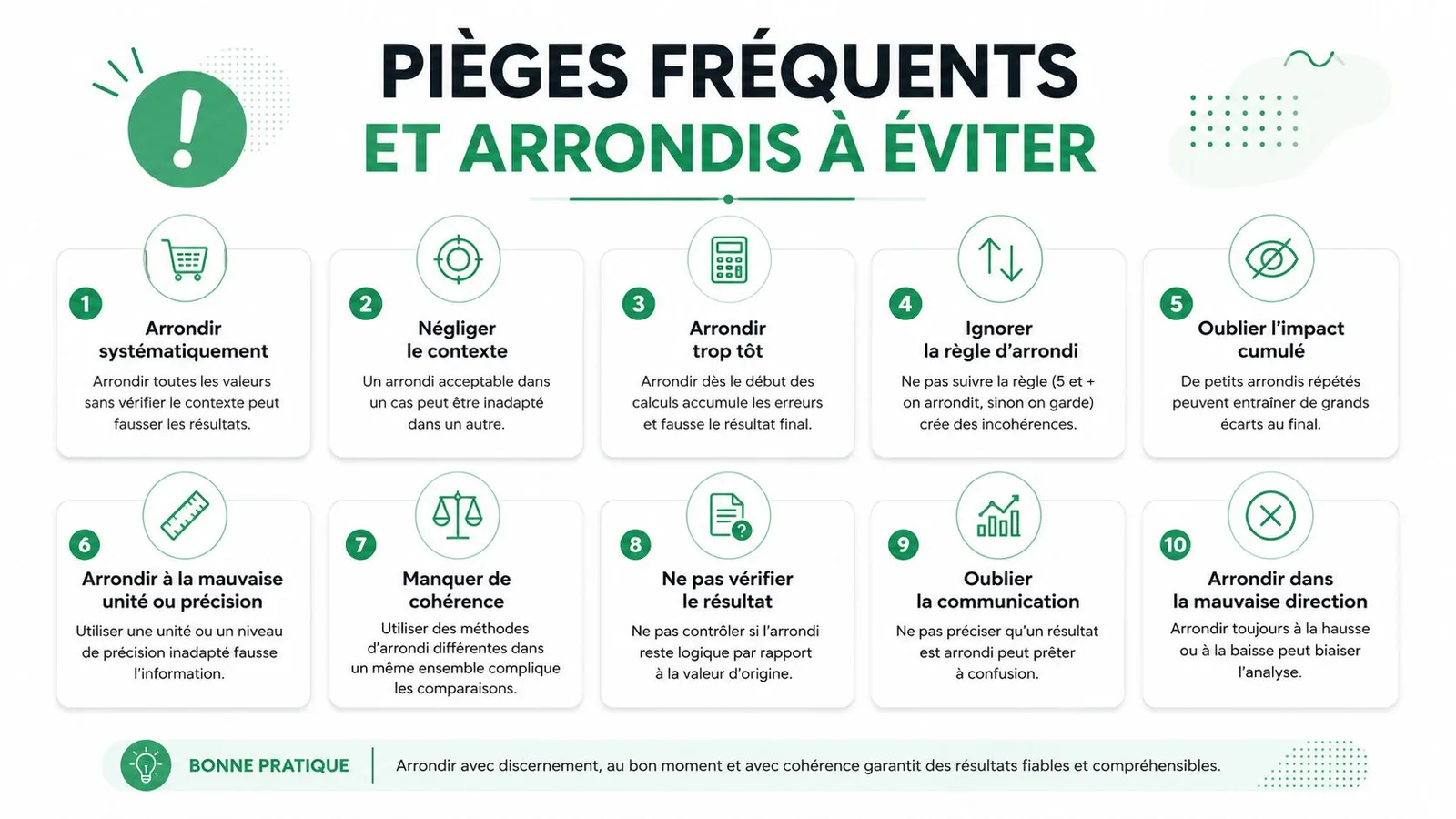 Infographie présentant dix erreurs courantes et pièges à éviter lors de l'arrondi de valeurs numériques.