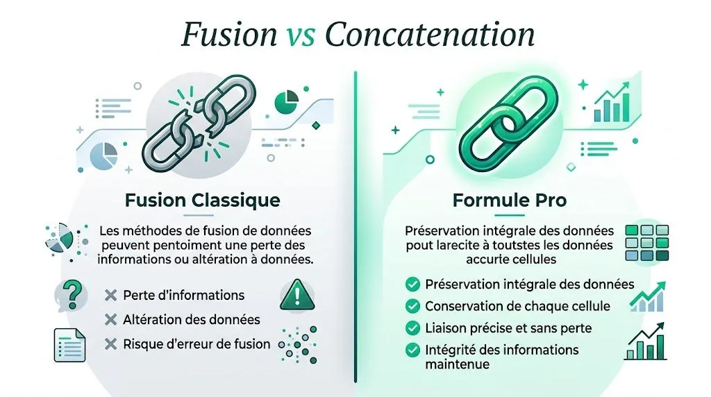 Comparaison visuelle entre la fusion classique de données et la méthode professionnelle de concaténation des cellules Excel.