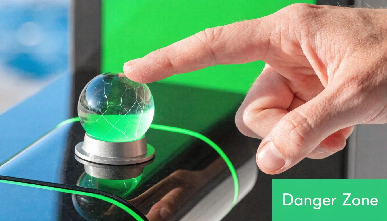 Une main humaine touche une sphère en verre illuminée en vert posée sur un support noir brillant.