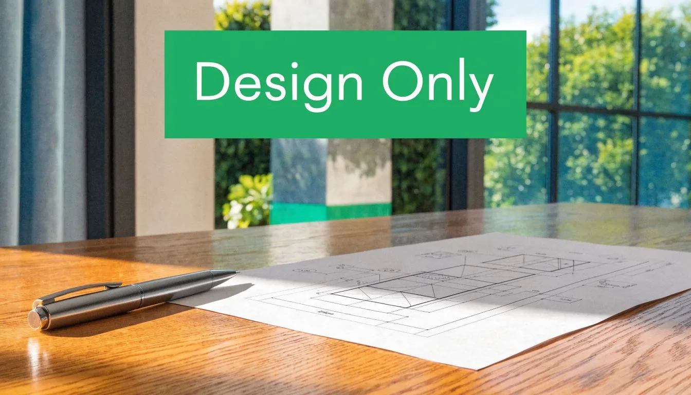 Un stylo élégant posé sur un plan architectural détaillé sur une table en bois ensoleillée.
