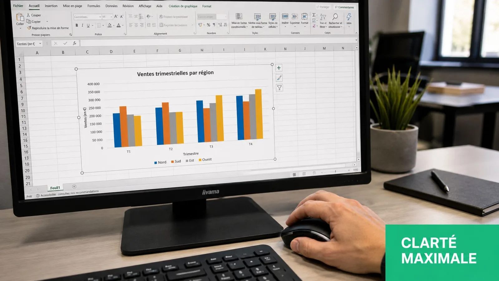 Une main utilisant une souris devant un écran affichant un graphique en barres Excel sur un bureau.
