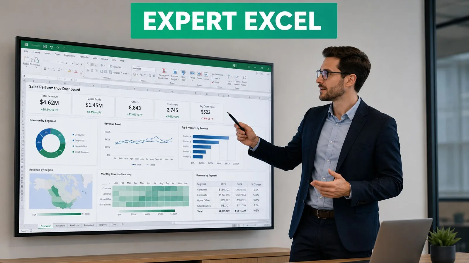 Un homme d'affaires présente un tableau de bord de performances commerciales sur un écran géant Excel.