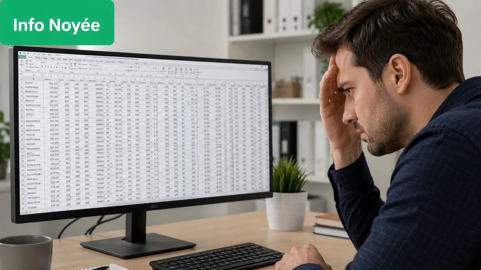 Un homme stressé travaillant sur un ordinateur affichant un tableur complexe dans un bureau moderne.