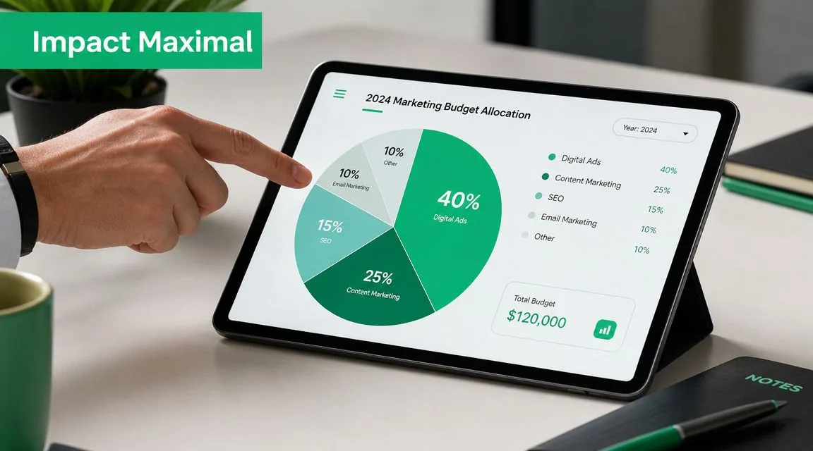 Une tablette affichant un graphique en secteurs montrant l'allocation du budget marketing pour l'année 2024.